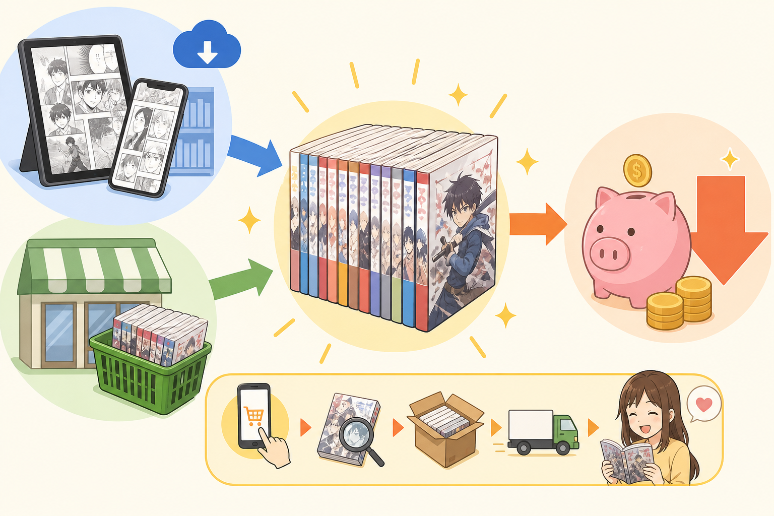 そもそも「漫画を全巻安く買う」とは｜定価・電子・中古の違い