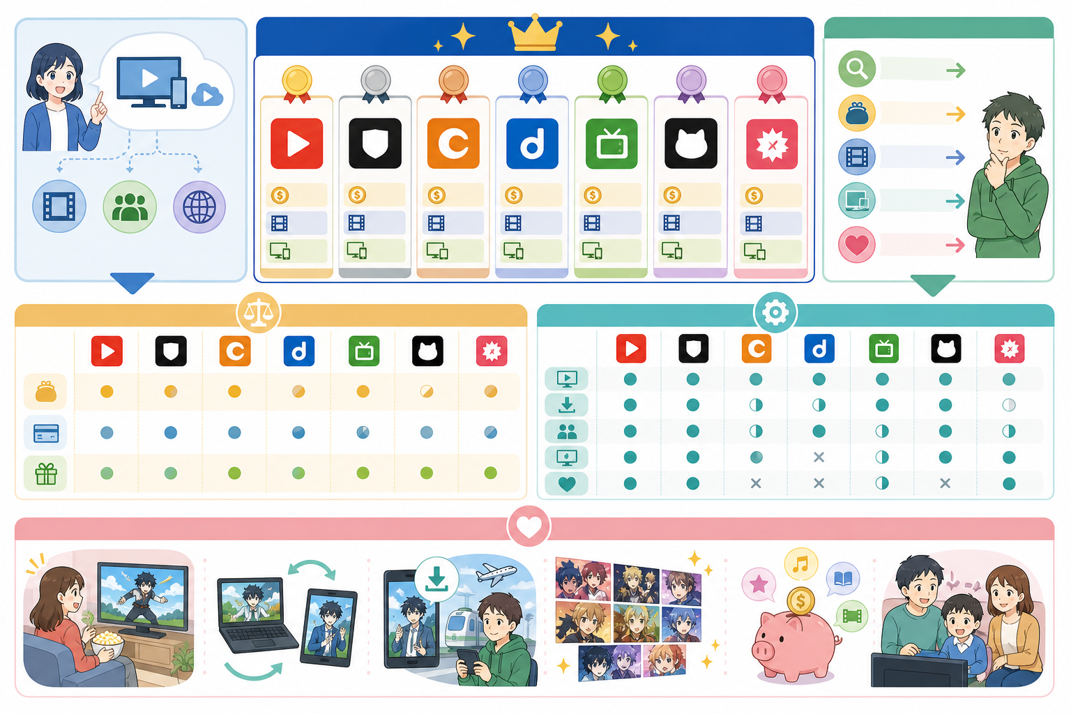 【2026】アニメ配信サービス比較｜見放題と月額で選ぶおすすめ7社の図解
