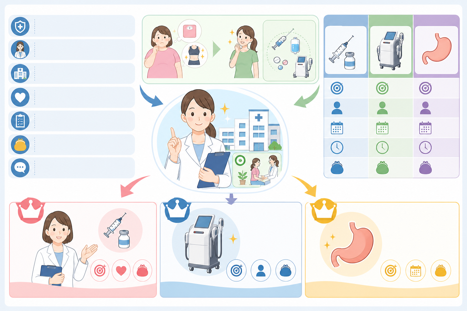 医療ダイエットクリニックおすすめ5タイプ｜総額費用の比較と選び方の図解